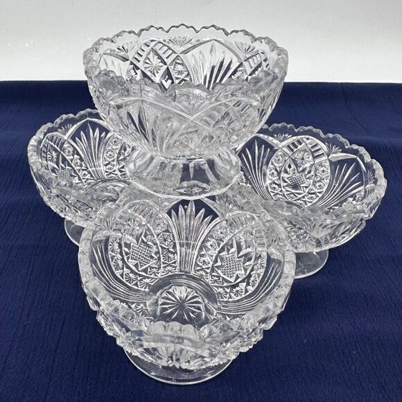 Vintage Clear Cut Glass EAPG Sherbert Dessert Berry Bowls (4) Arrowhead Sawtooth - Picture 11 of 11